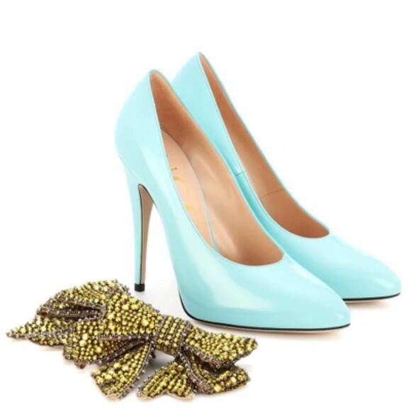 GUCCI GLOSSED-LEATHER PUMPS 110MM ELAISA LEATHER PUMPS IN Mint Green 39.5 - Picture 3 of 16